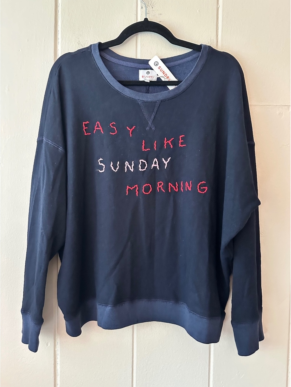 SUNDRY NWT Easy Like Sunday Morning Navy Blue Sweatshirt Pullover Size Large